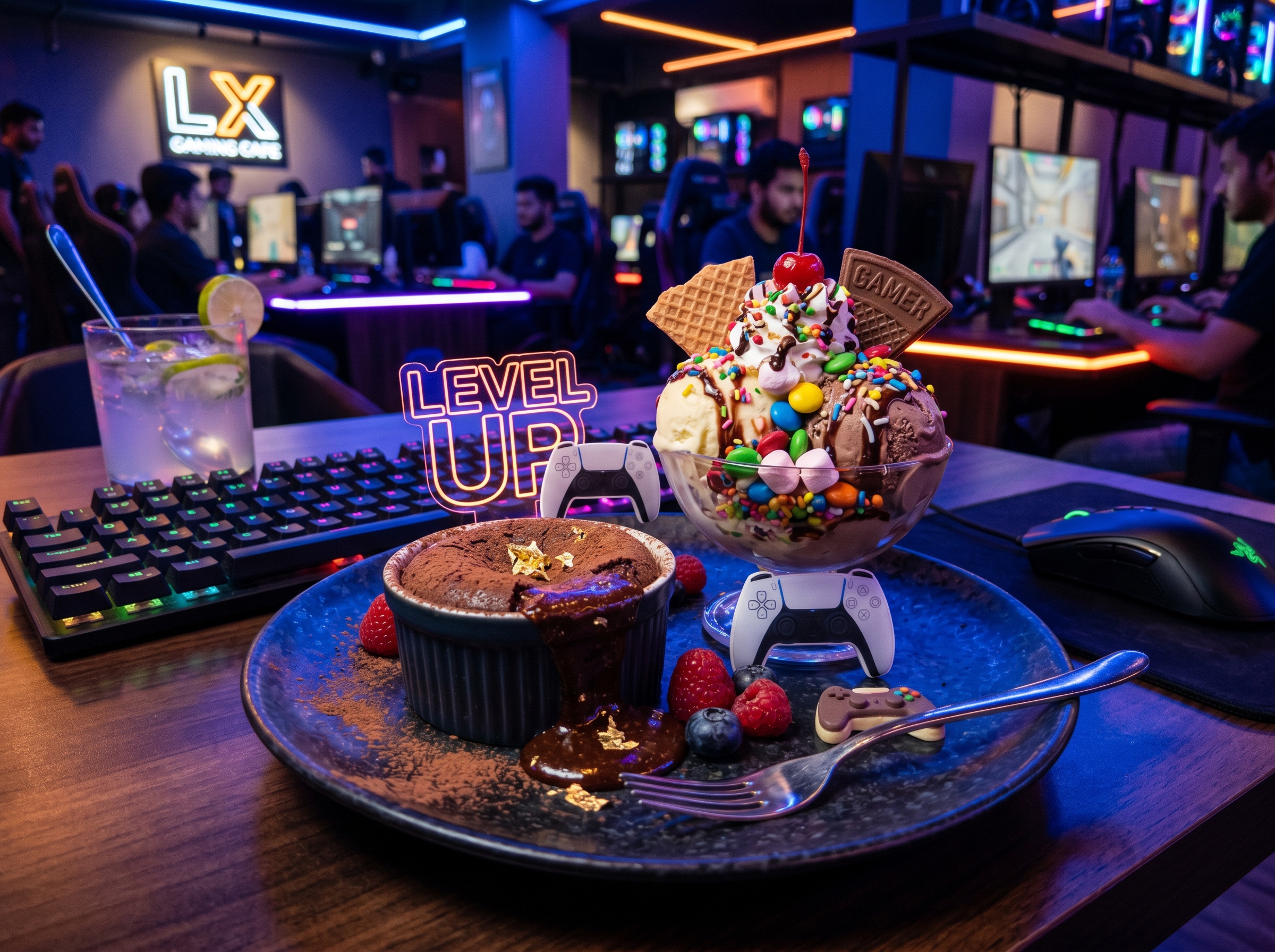 Chocolate lava cake gaming cafe dessert