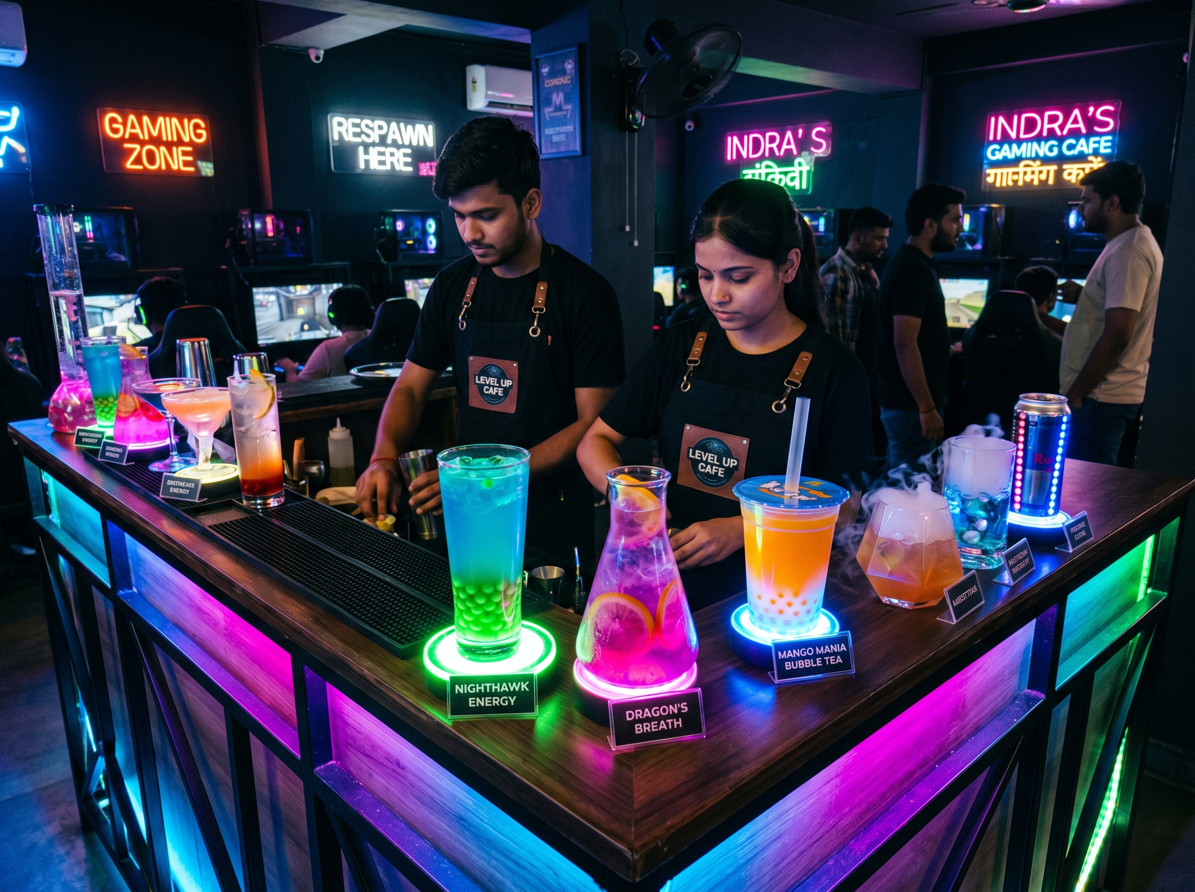 Nighthawk energy mocktail gaming cafe