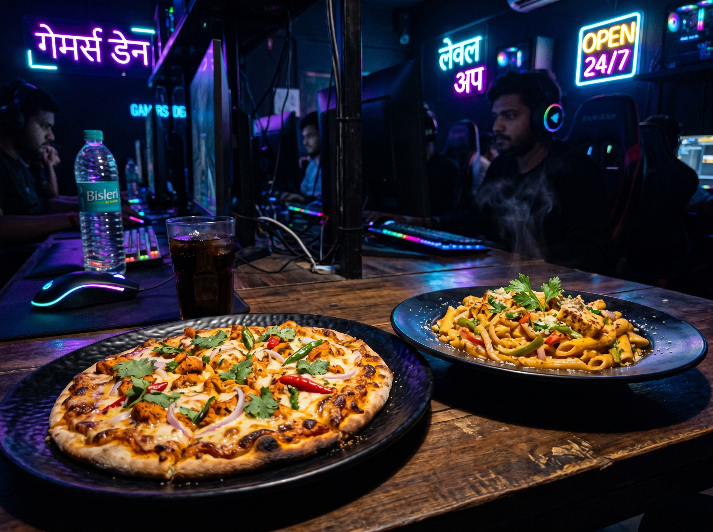 Tandoori chicken pizza at gaming cafe