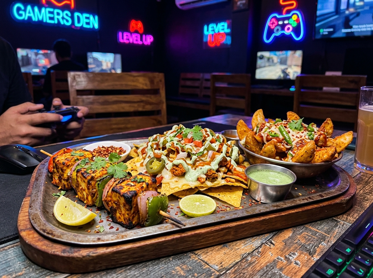Gamer's Platter — paneer tikka, nachos and wedges